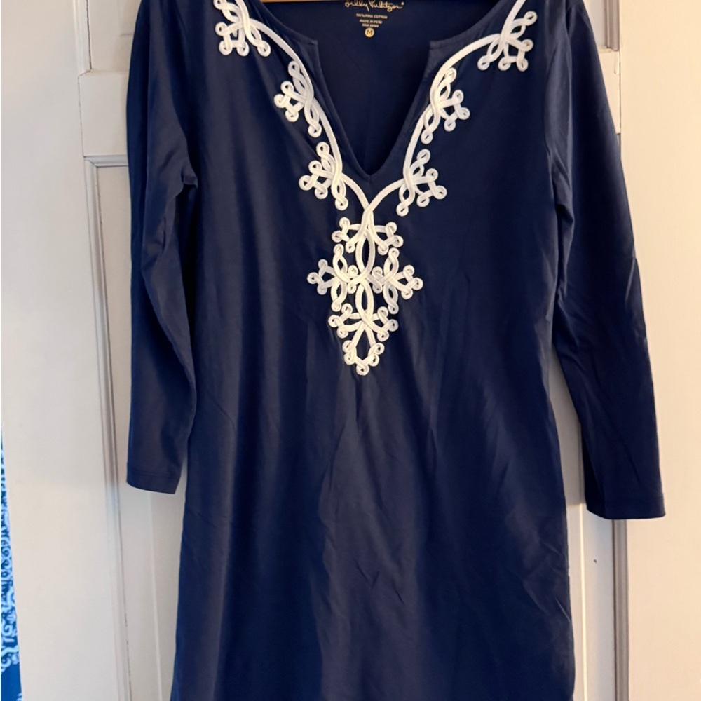 Navy Dress with White Embroidery